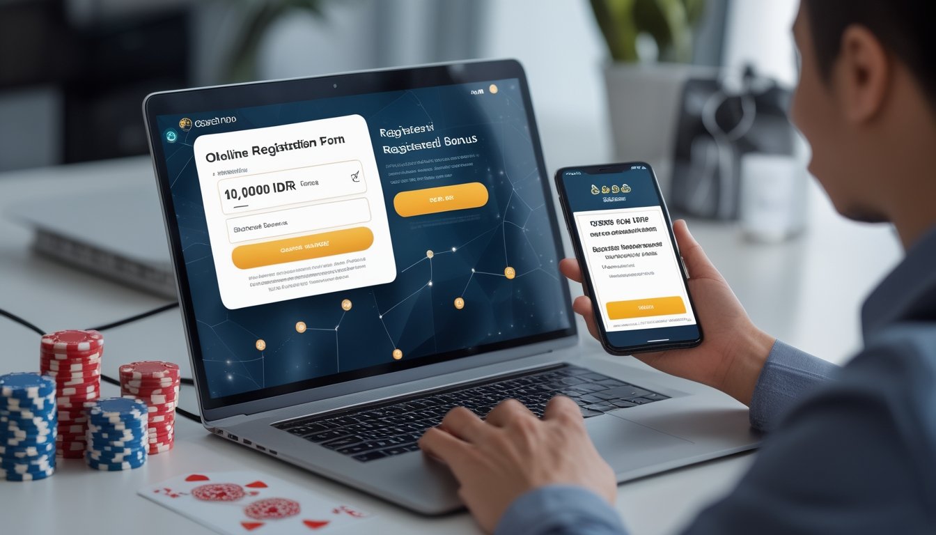 Seseorang menggunakan laptop dan ponsel untuk mendaftar dan mengklaim bonus di platform permainan online dengan suasana kerja yang rapi dan terang.