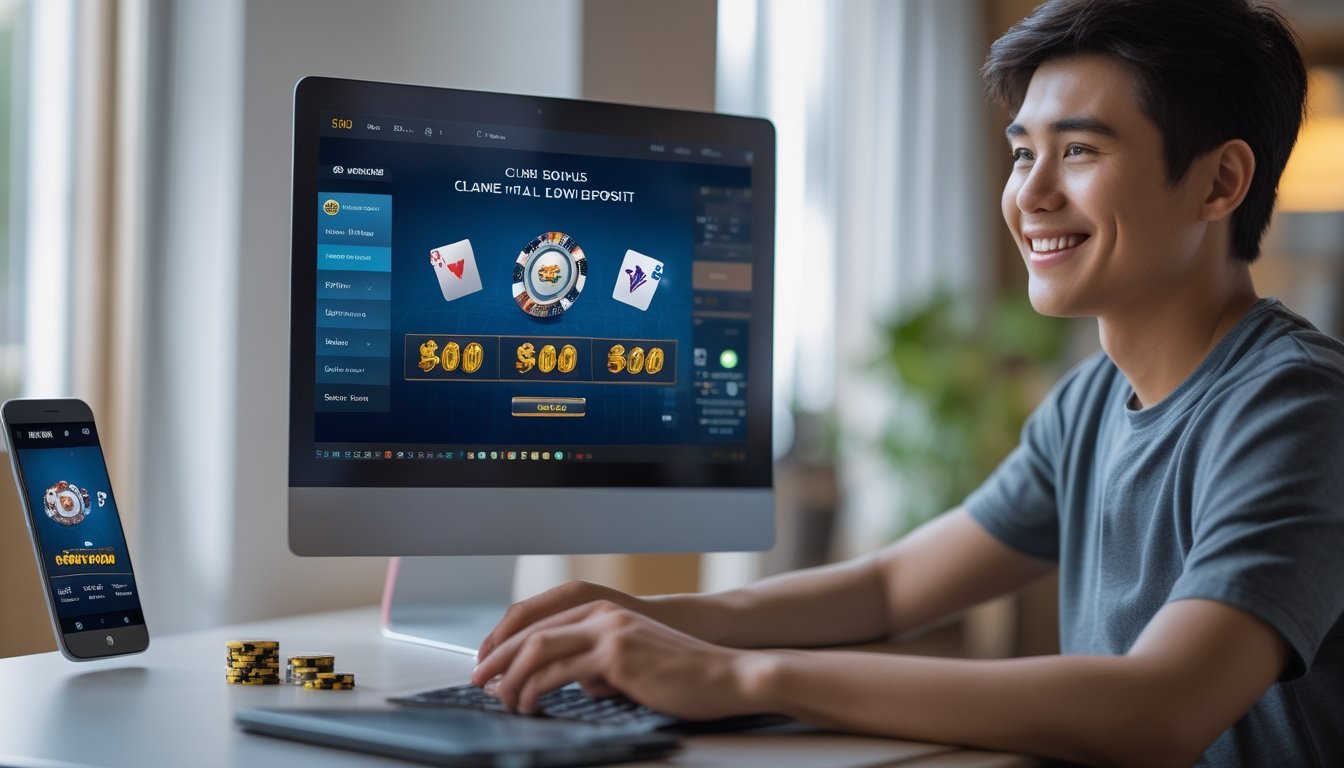 Seorang dewasa muda tersenyum sambil menggunakan laptop dengan tampilan permainan kartu online di meja yang rapi.