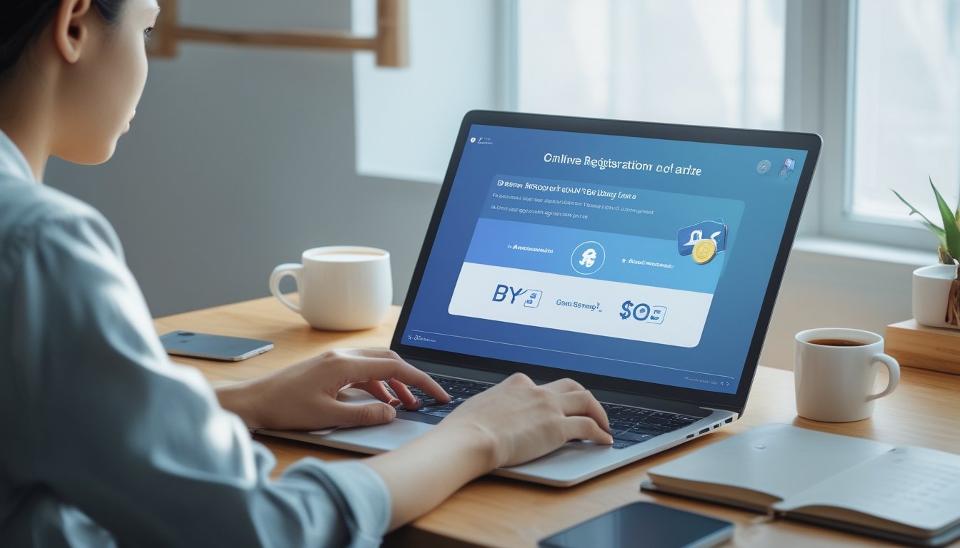 Seseorang menggunakan laptop di meja kerja dengan suasana terang dan rapi, menunjukkan proses pendaftaran dan klaim bonus online.