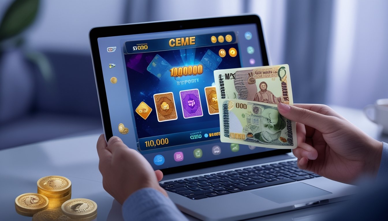 Seseorang memegang uang rupiah di depan layar ponsel yang menampilkan permainan kartu online.