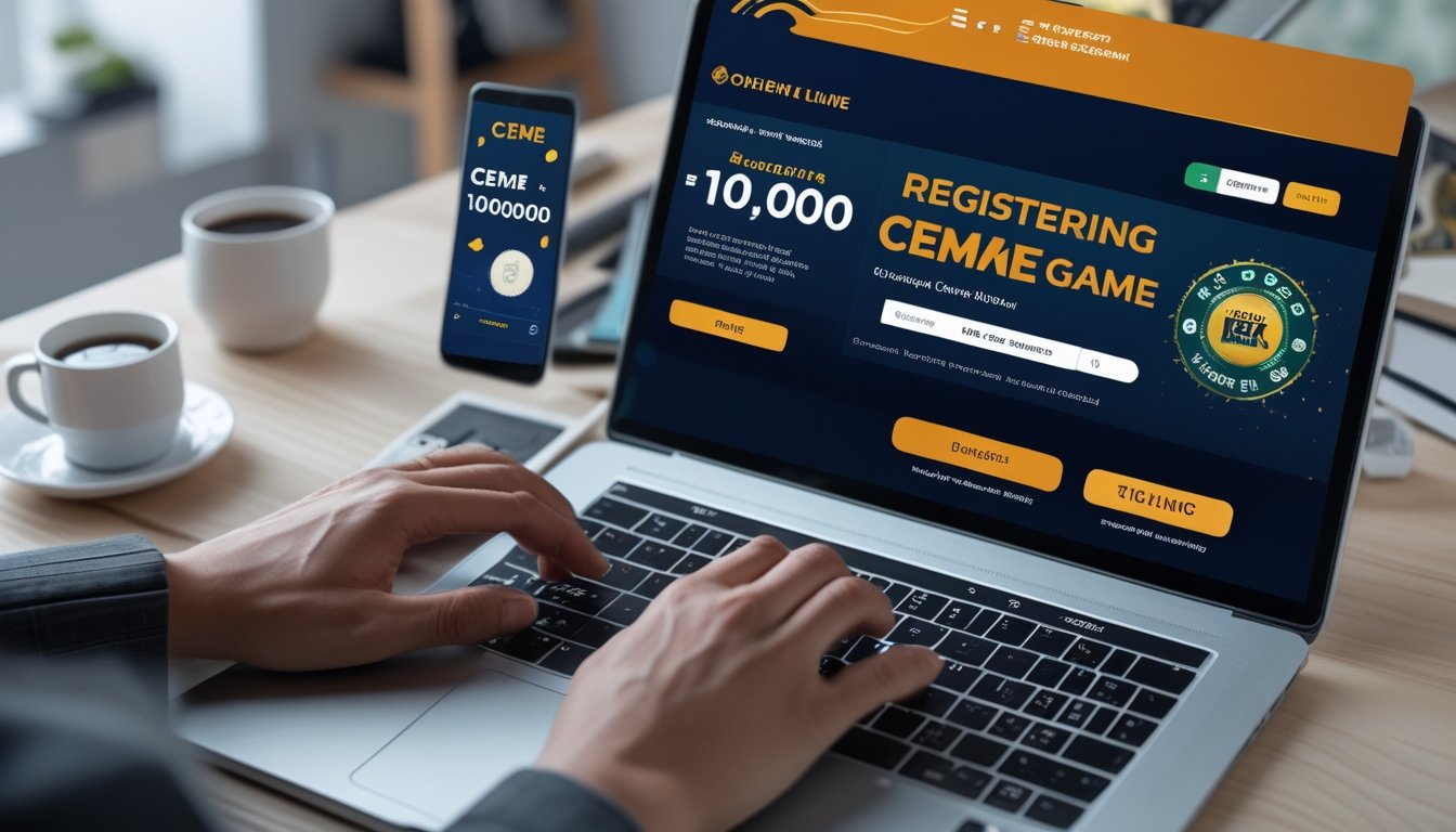 Orang menggunakan laptop dan ponsel untuk mendaftar permainan Ceme online dengan suasana ruang kerja yang rapi.