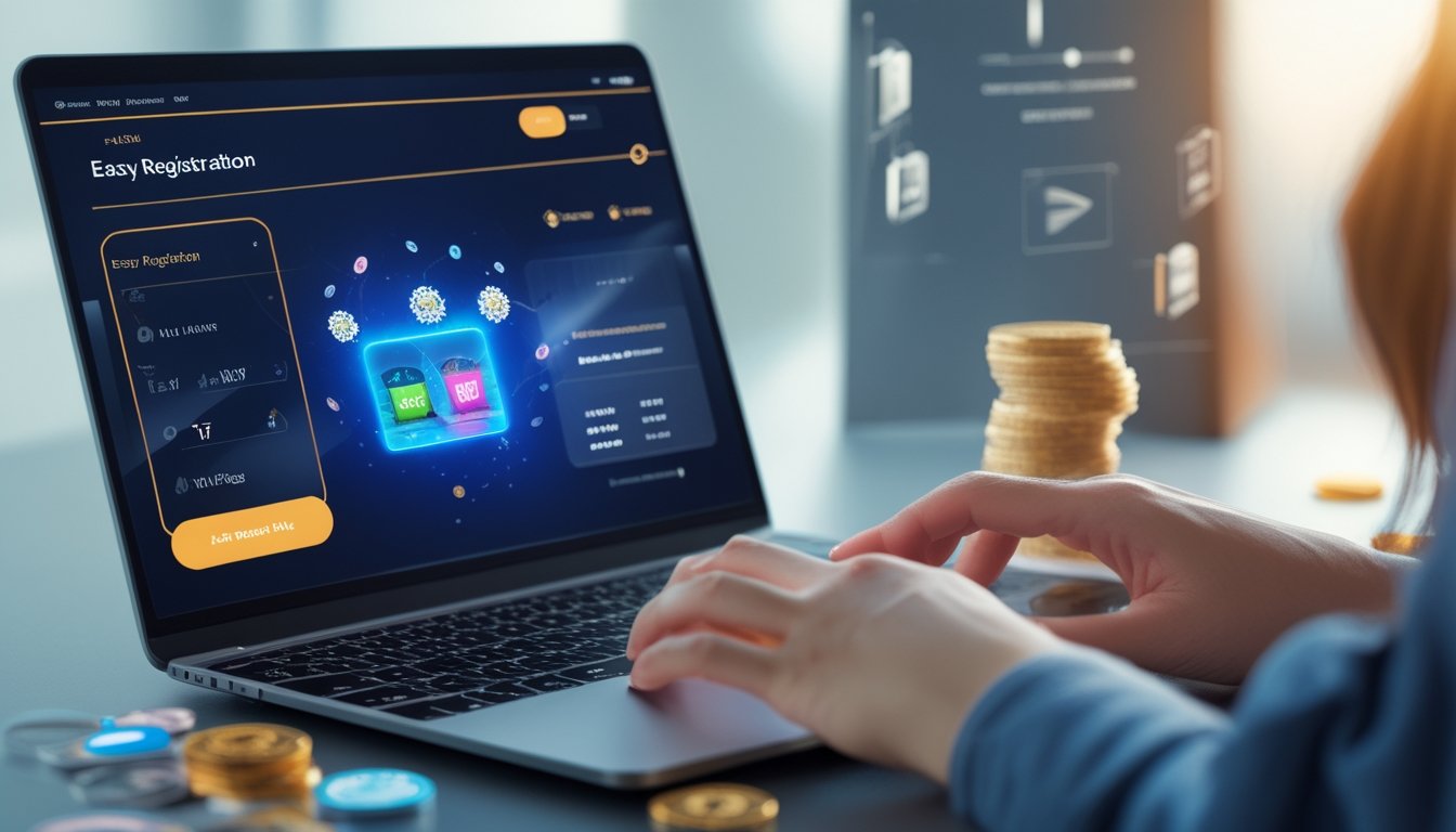 Seseorang menggunakan laptop atau ponsel untuk bermain game online dengan tampilan antarmuka yang menarik dan elemen koin digital di sekitar perangkat.