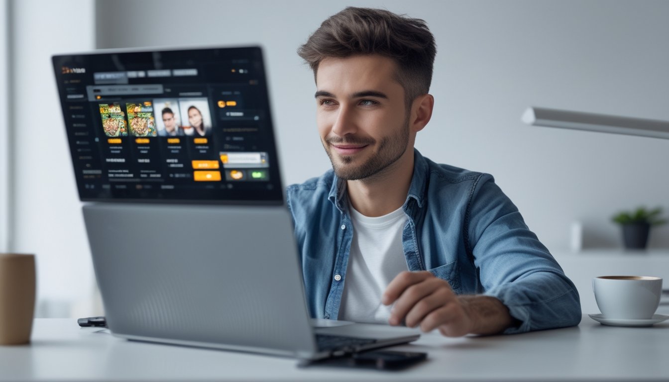 Seorang pria muda duduk di meja dengan laptop, terlihat fokus dan percaya diri saat menggunakan aplikasi permainan online.