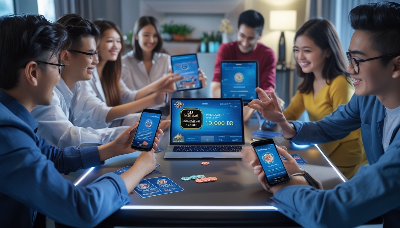 Sekelompok orang muda bermain permainan kartu online di meja dengan beberapa perangkat digital, menampilkan suasana nyaman dan aman untuk bermain dan melakukan deposit.