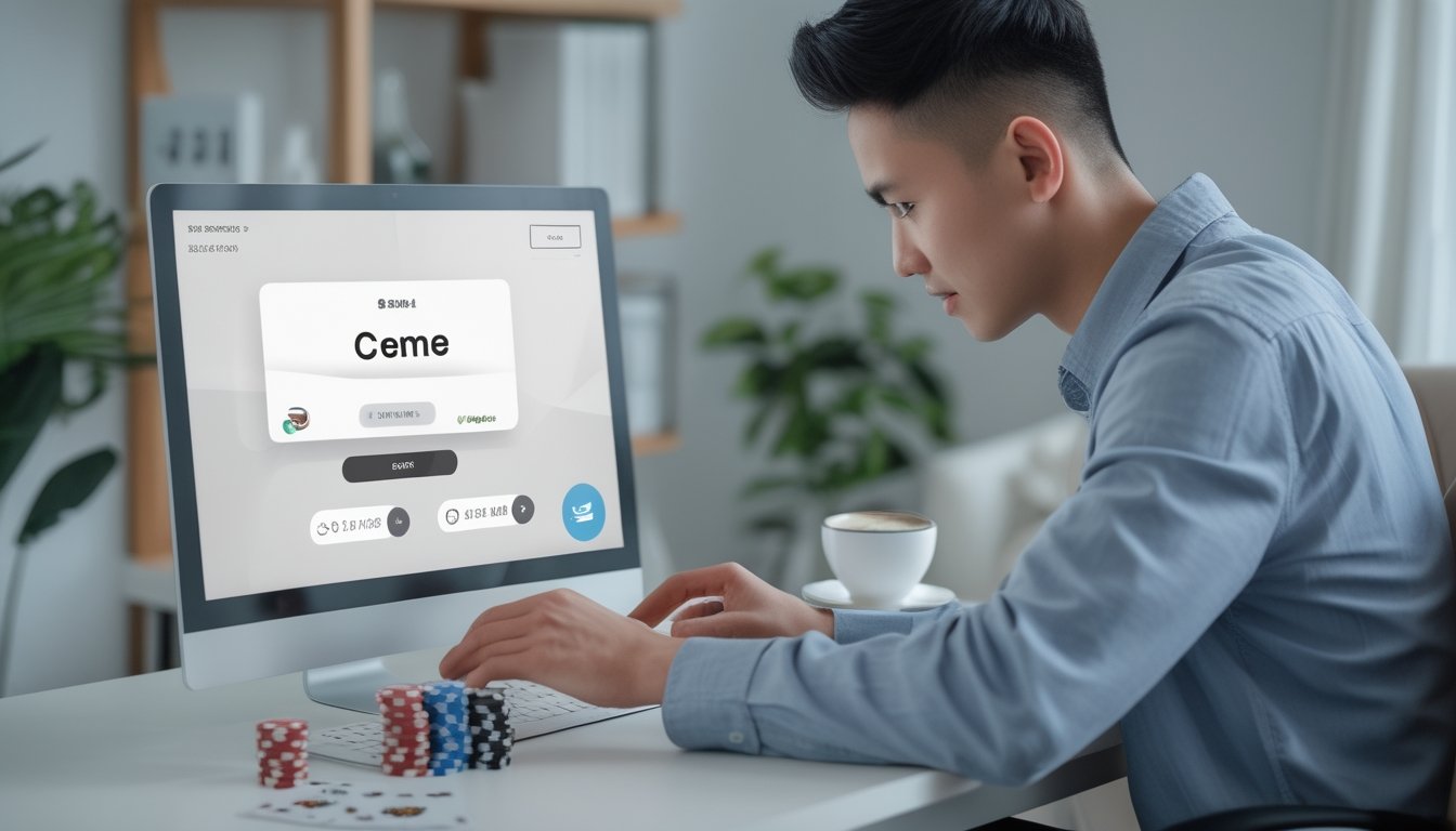 Seseorang menggunakan laptop di meja kerja untuk bermain permainan kartu online dengan suasana ruangan yang rapi dan nyaman.