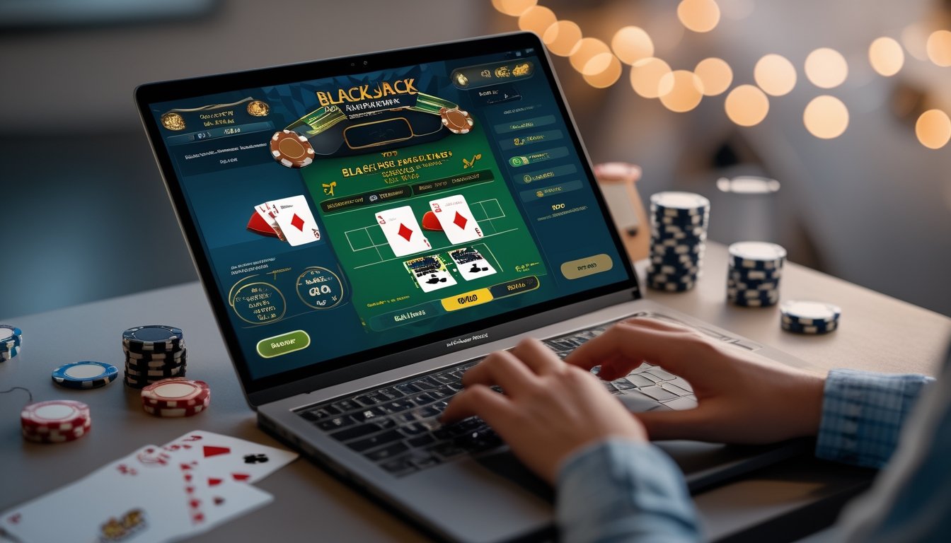 Seseorang menggunakan laptop dengan tampilan permainan blackjack online dan chip poker di meja.