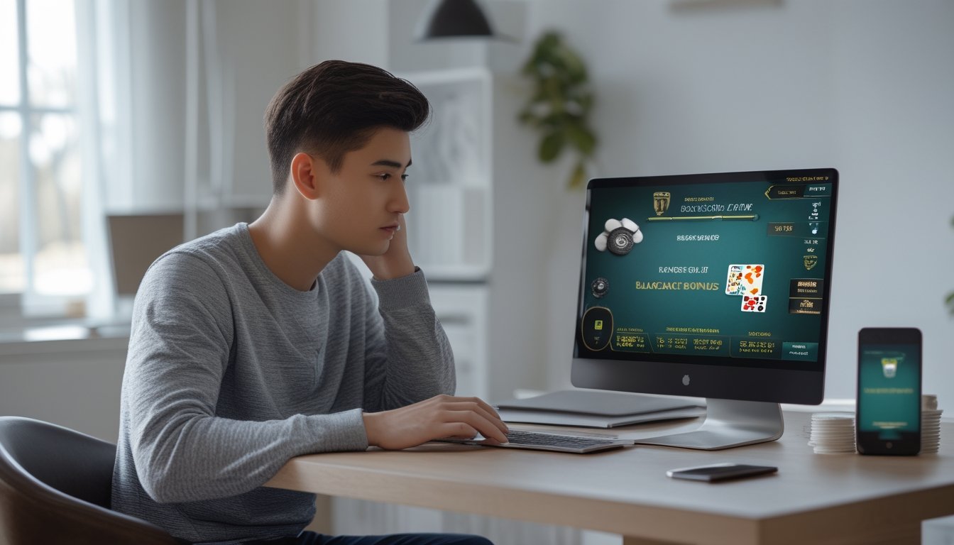 Seorang dewasa muda duduk di meja dengan laptop, bermain blackjack online dan terlihat fokus dalam suasana ruang kerja yang nyaman.