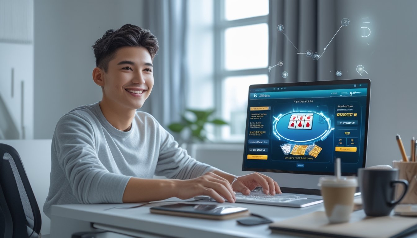 Seseorang duduk di meja dengan laptop yang menampilkan permainan blackjack online, terlihat sedang mengklaim bonus dengan senyum percaya diri di ruang kerja yang rapi.