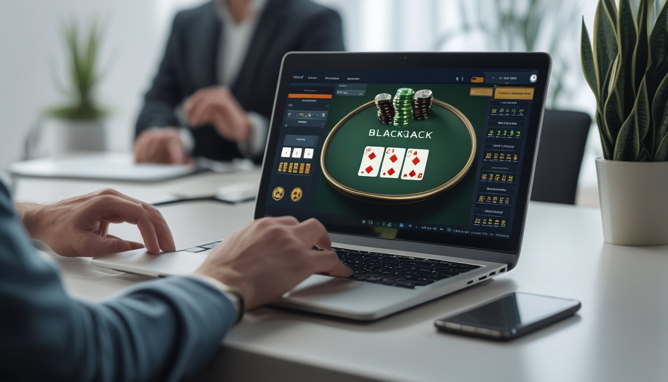 Seseorang menggunakan laptop dengan permainan blackjack online di layar, menunjukkan aktivitas bermain dan klaim bonus.