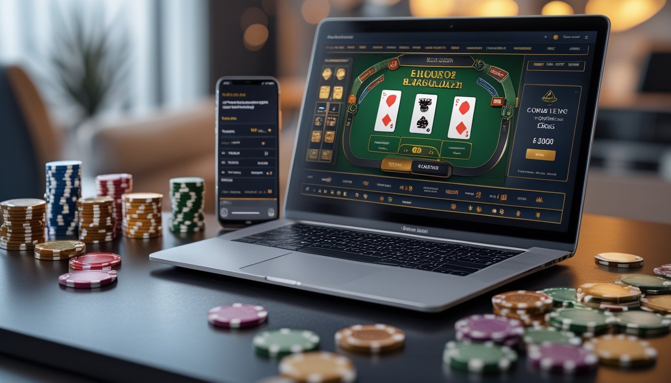 Seorang pemain blackjack online dengan laptop yang menampilkan permainan kartu, dikelilingi oleh chip kasino dan smartphone di meja kerja.