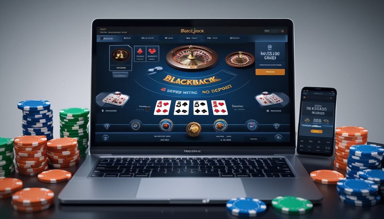 Sebuah laptop menampilkan permainan blackjack online dengan kartu dan chip poker di sekitarnya serta ponsel yang menunjukkan notifikasi bonus.