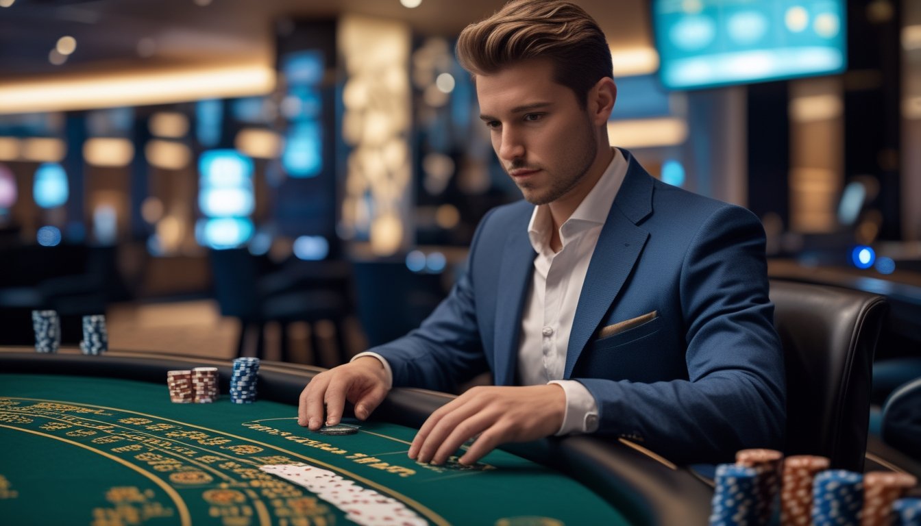 Seseorang duduk di meja blackjack dengan kartu dan chip poker di kasino modern yang terang.