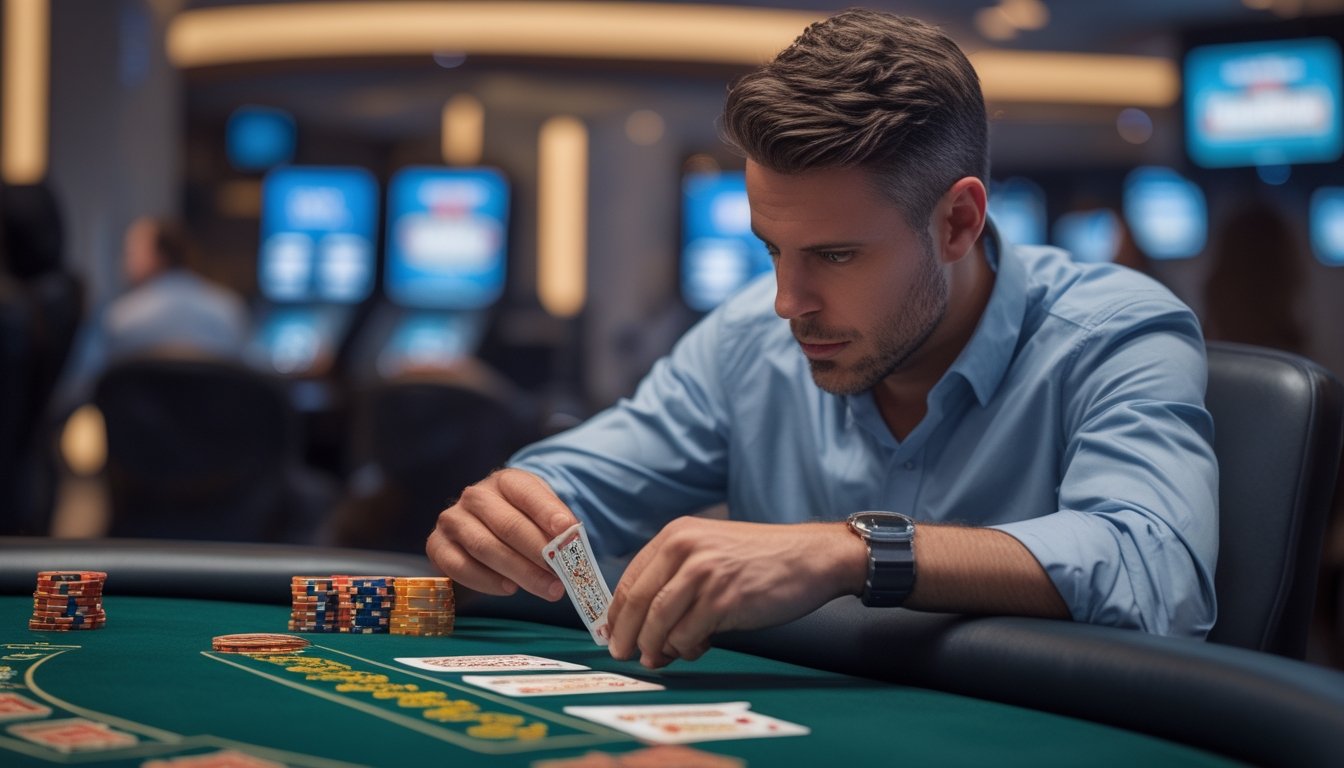 Seorang pria dewasa sedang duduk di meja blackjack di kasino, memegang kartu dan chip poker dengan ekspresi fokus.