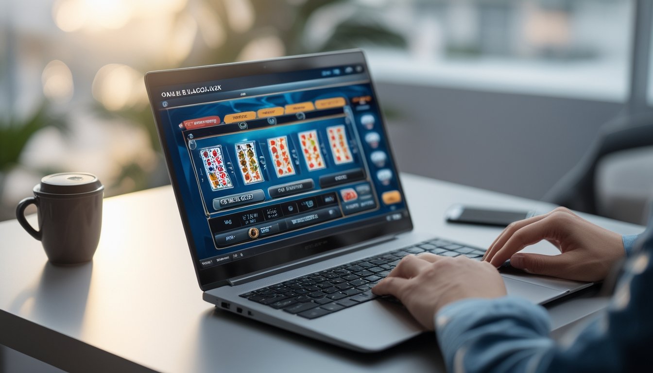 Seseorang bermain blackjack online di laptop di atas meja dengan kartu dan chip terlihat jelas.