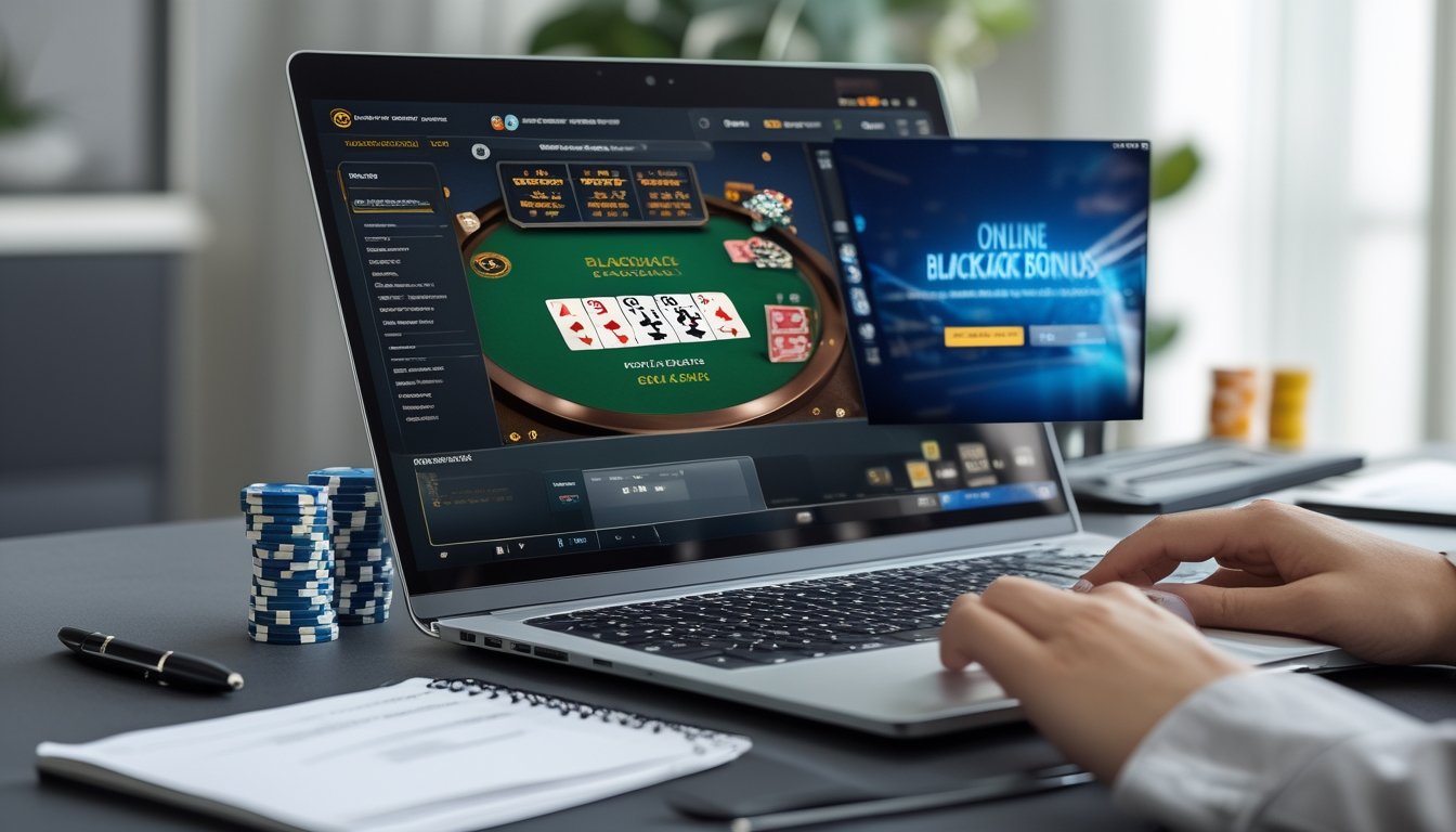 Seorang pengguna belajar bermain blackjack online di depan komputer dengan kartu dan chip poker di meja.