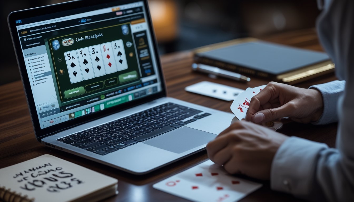 Seseorang sedang bermain blackjack online di laptop dengan kartu dan chip di layar, di meja terdapat catatan dan ponsel yang menunjukkan notifikasi bonus kasino.