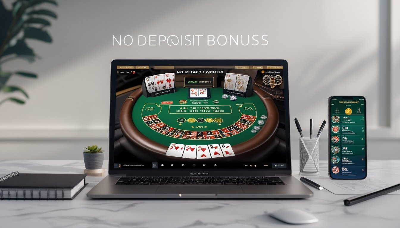 Seseorang menggunakan laptop untuk bermain blackjack online dengan kartu dan chip di layar, di meja terdapat buku catatan dan ponsel yang menunjukkan notifikasi bonus.