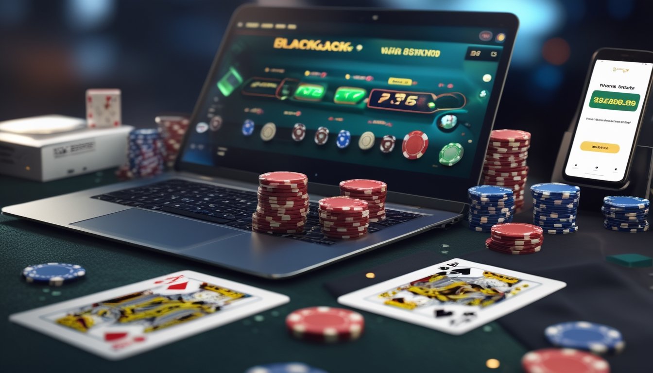 Sebuah meja dengan komputer yang menampilkan permainan blackjack online, dikelilingi oleh chip poker dan kartu remi.