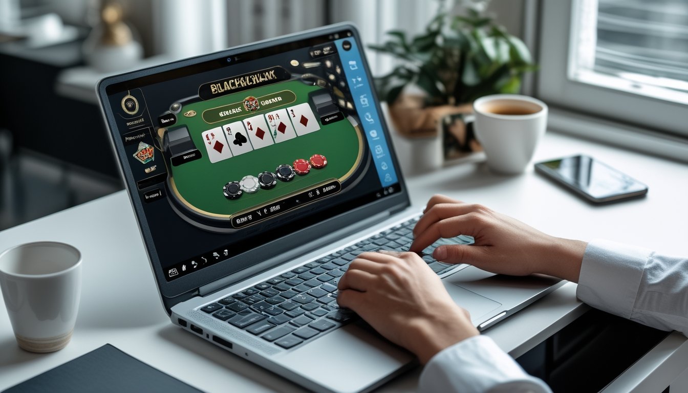 Seorang pengguna sedang membuat akun blackjack online di laptop dengan kartu dan chip terlihat di layar, di meja kerja yang rapi dan terang.