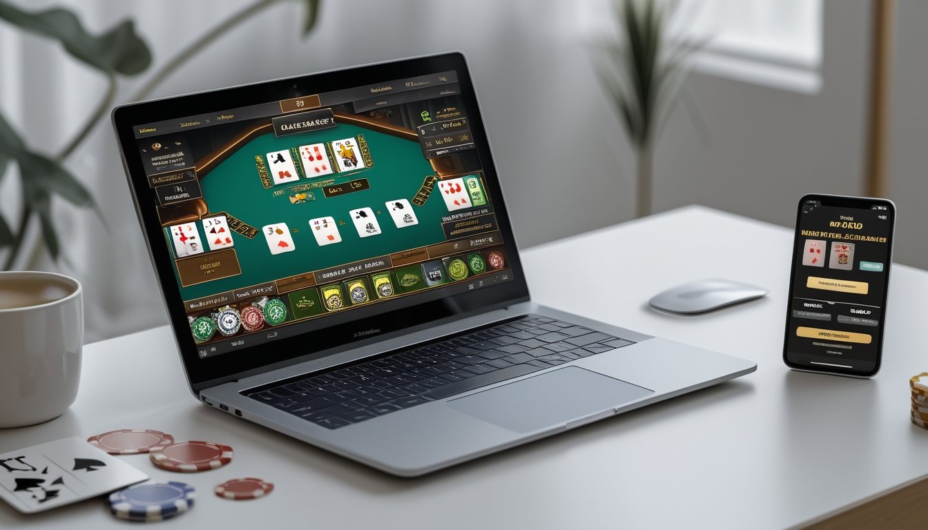 Meja dengan laptop dan ponsel yang menampilkan permainan blackjack online dan elemen kasino seperti chip dan kartu.