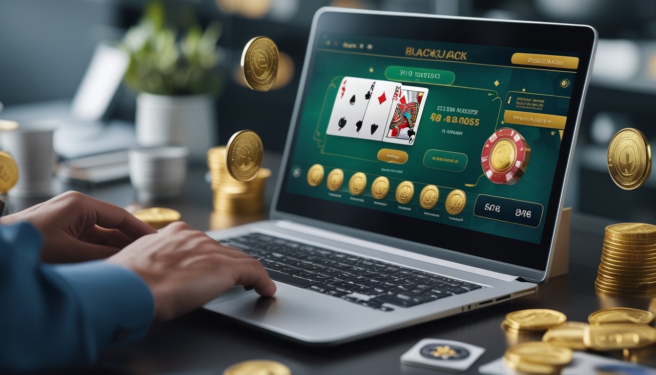Seseorang bermain permainan blackjack online di depan komputer dengan kartu dan chip terlihat di layar.