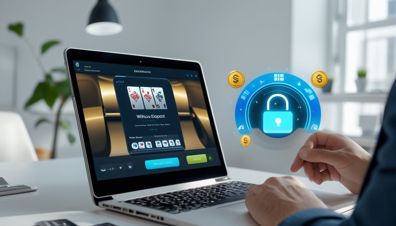 Seseorang menggunakan laptop dengan tampilan permainan blackjack online dan simbol keamanan di meja kerja yang terang.