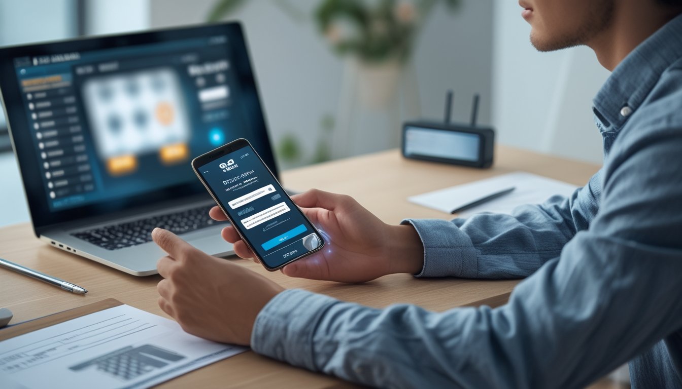 Seseorang sedang duduk di meja kerja dengan laptop dan ponsel, memeriksa data untuk klaim bonus blackjack online.