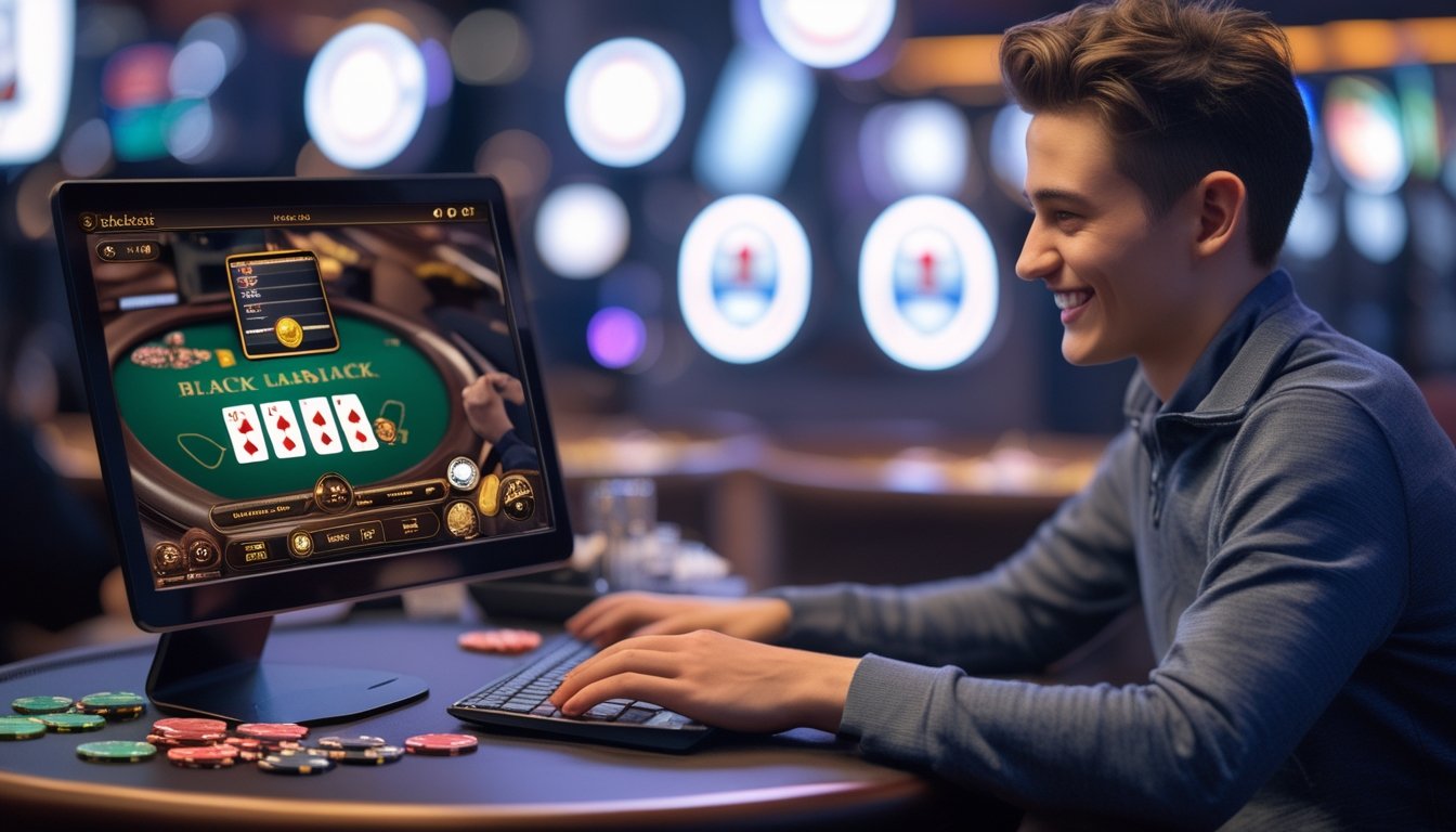 Seorang pemain muda tersenyum sambil bermain blackjack online di depan komputer di lingkungan kasino modern.