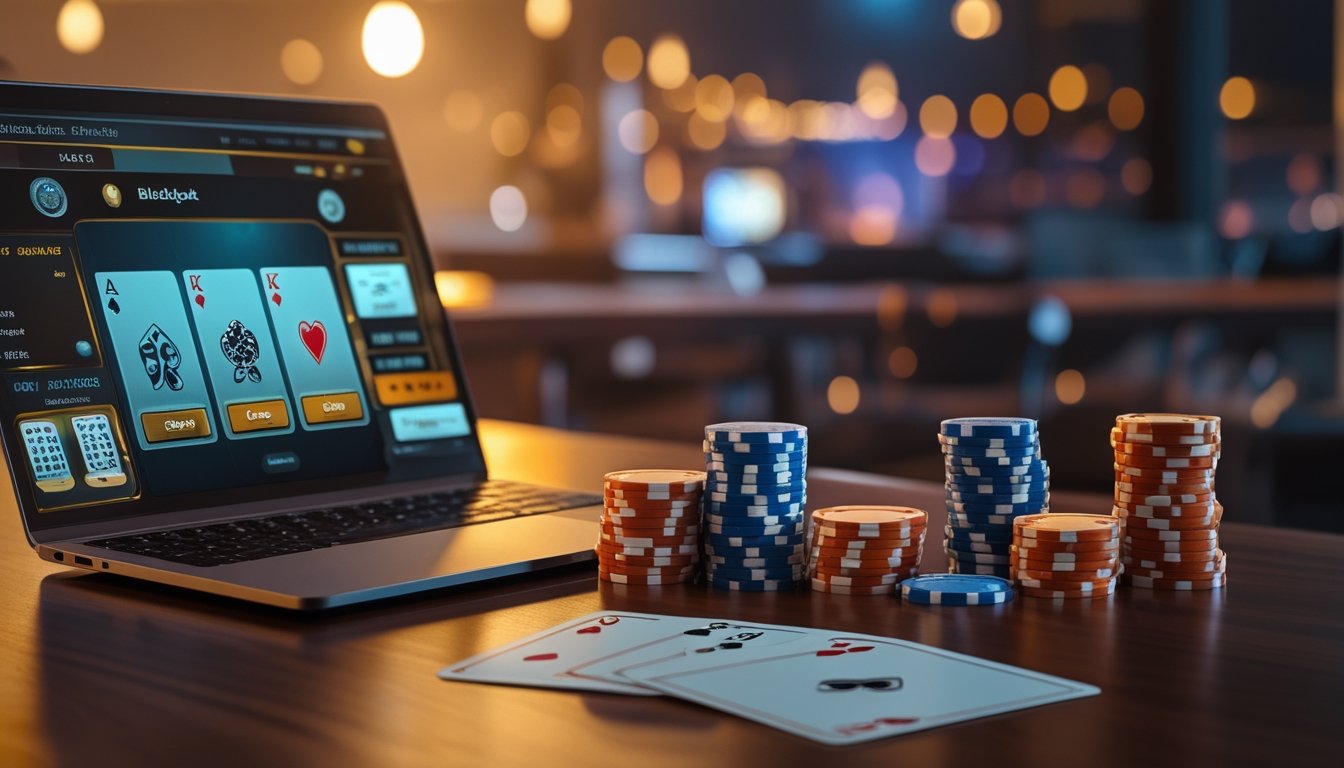 Meja dengan kartu blackjack, chip poker, dan laptop yang menampilkan permainan blackjack online.