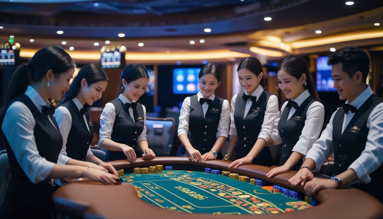 Seorang dealer profesional sedang melayani pemain di meja kasino langsung yang modern dan ramai di Indonesia.