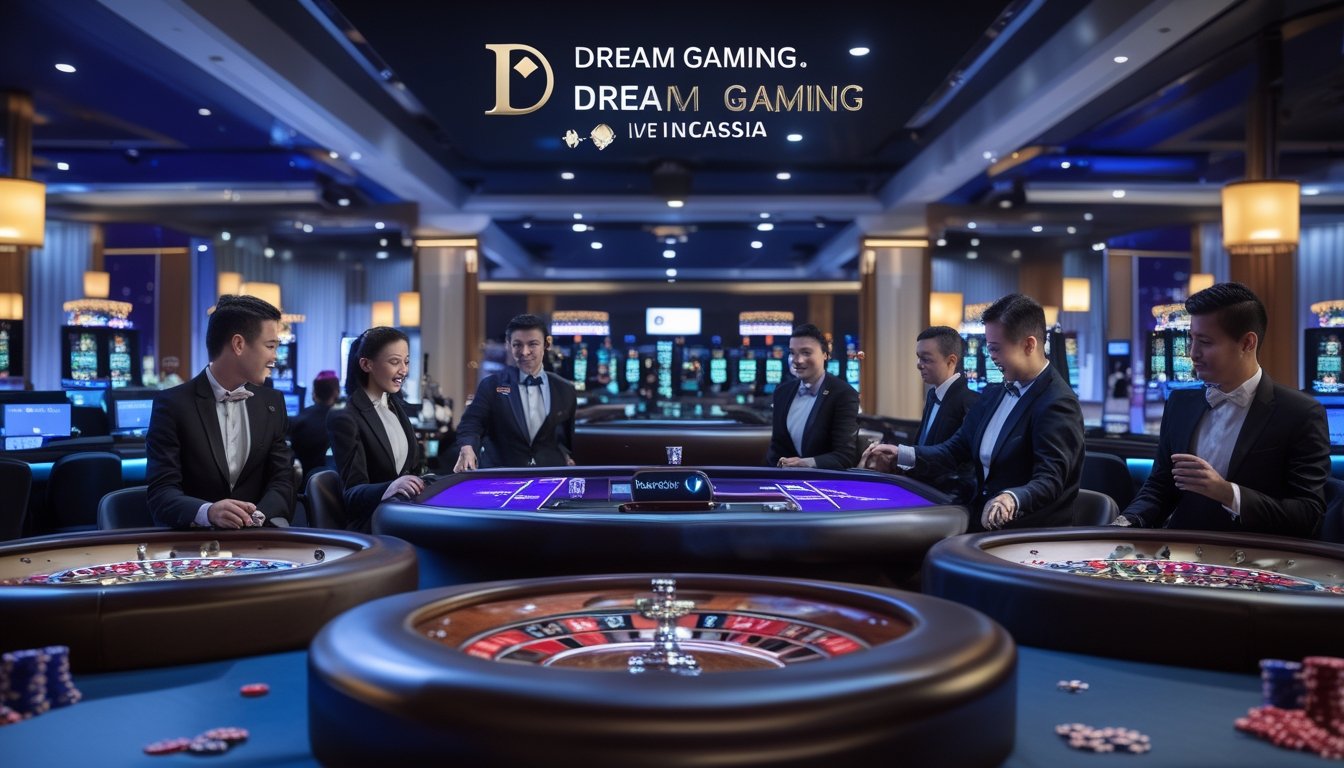 Suasana kasino langsung dengan dealer profesional dan pemain yang sedang bermain di meja permainan.