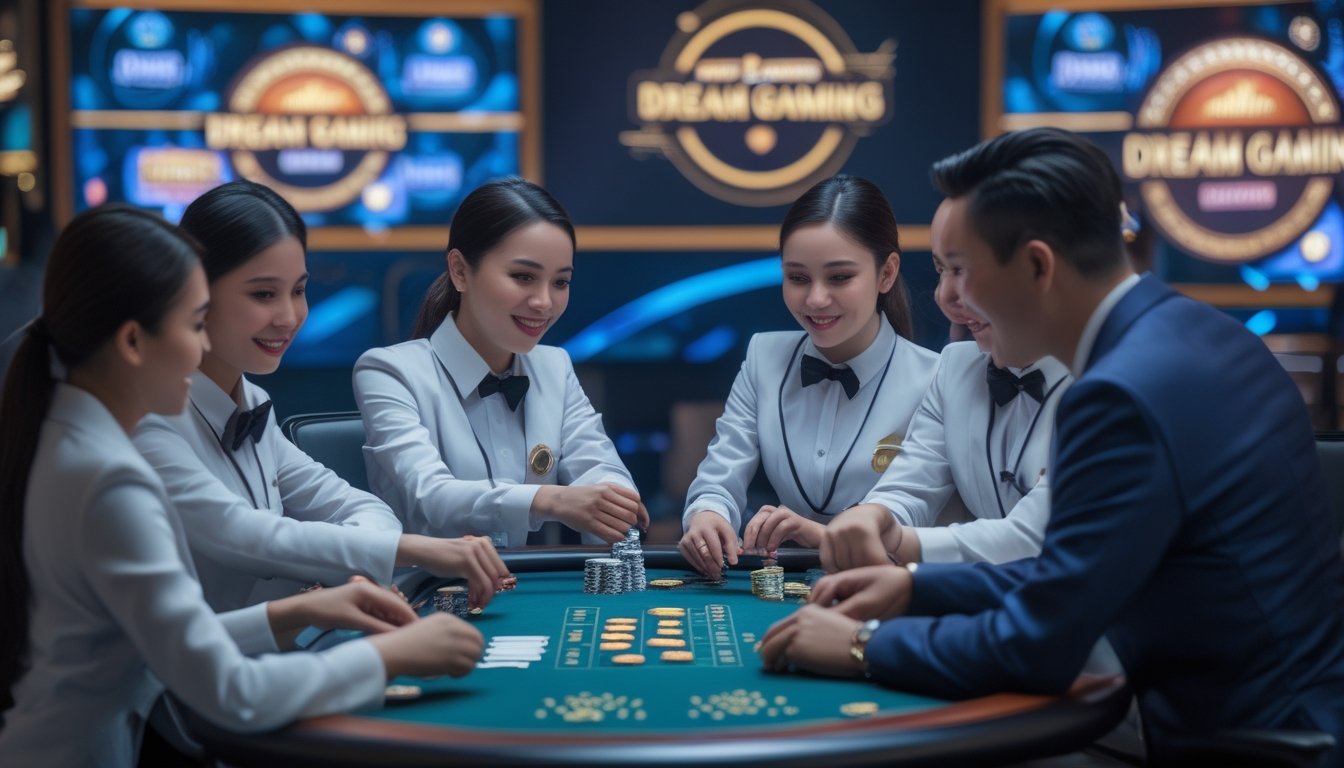 Seorang dealer profesional sedang mengelola meja permainan kasino langsung dengan pemain di sebuah kasino modern.