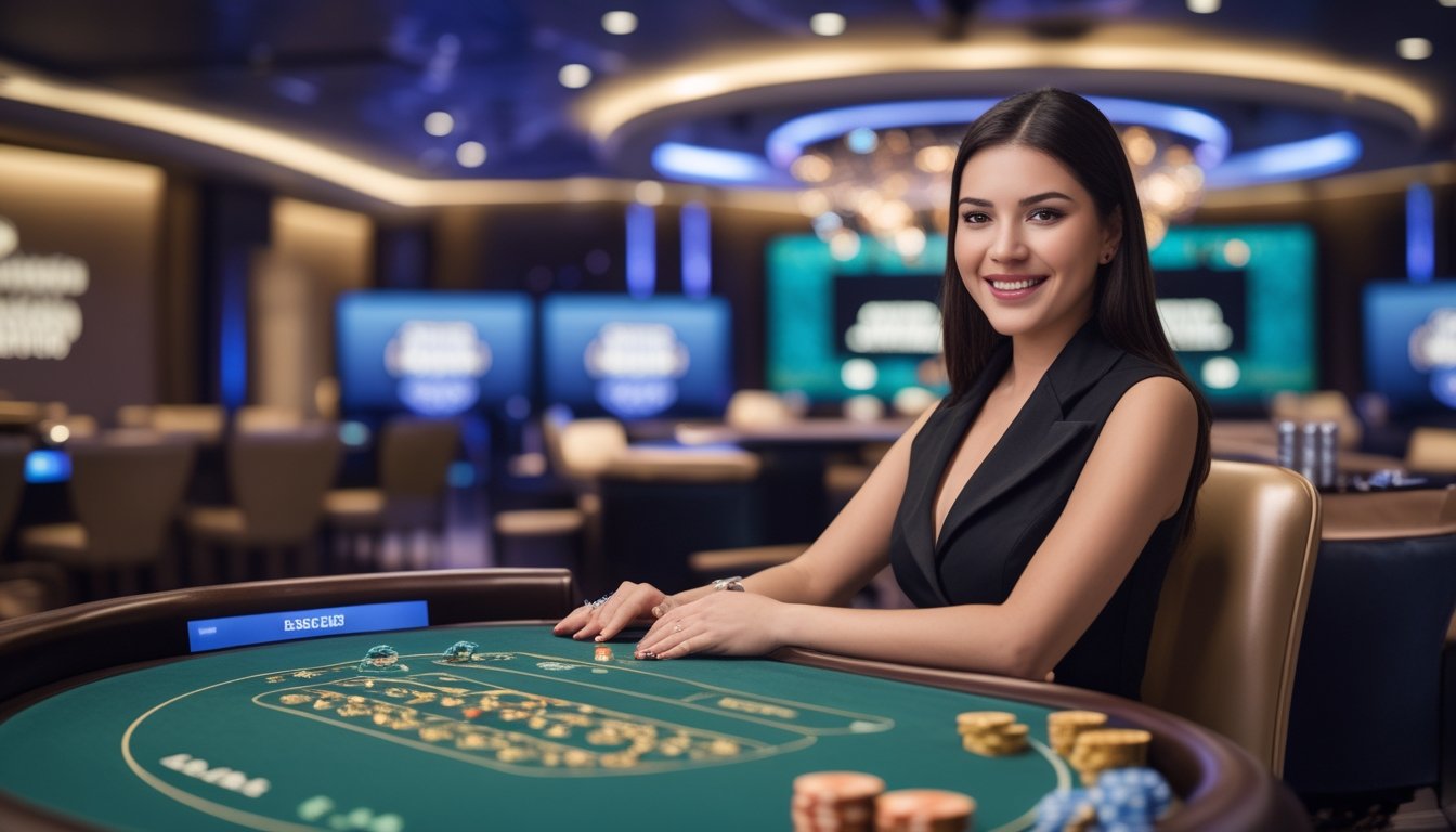 Seorang dealer profesional di meja kasino langsung dengan latar belakang studio kasino modern dan layar permainan digital.