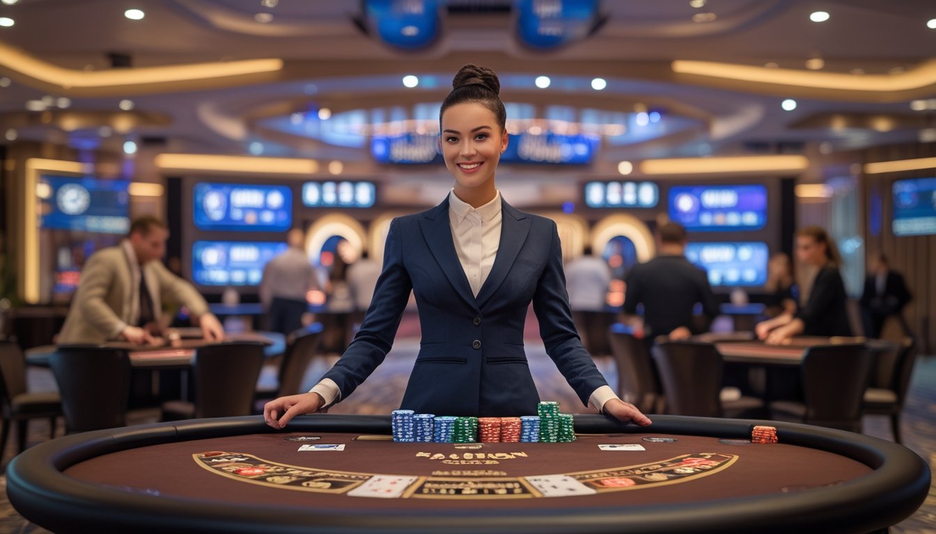 Seorang dealer wanita profesional berdiri di belakang meja permainan kasino dengan kartu dan chip, dikelilingi oleh suasana kasino yang mewah dan pemain yang fokus bermain.