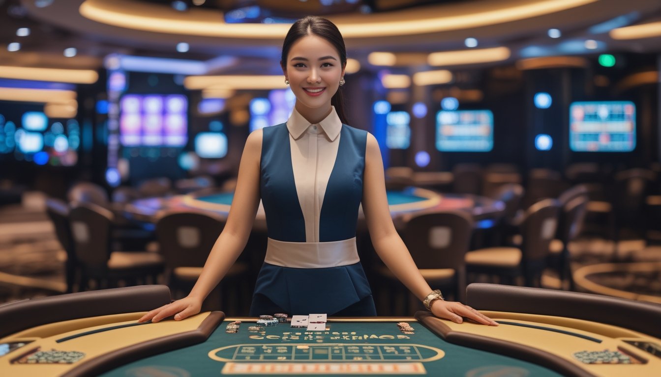 Seorang dealer profesional wanita di meja permainan kasino langsung dengan suasana kasino modern dan pencahayaan terang.