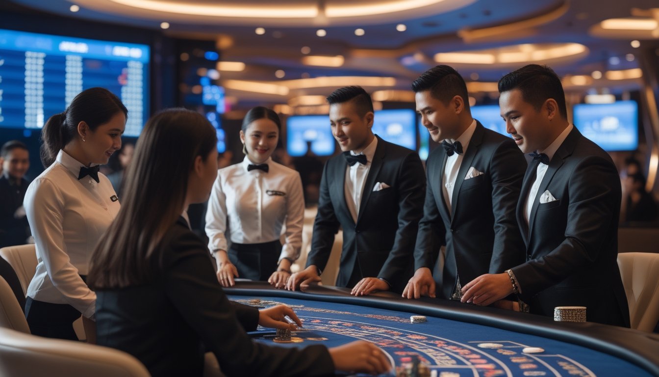 Suasana kasino langsung dengan dealer profesional dan pemain di meja permainan yang modern dan mewah.