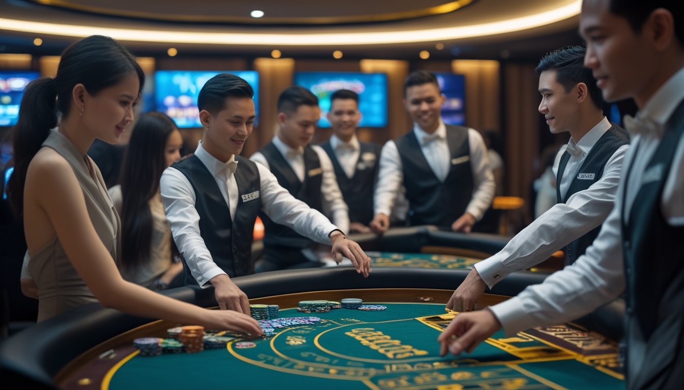 Seorang dealer profesional sedang mengelola meja permainan kasino langsung dengan kartu dan chip di kasino modern yang terang dan elegan.