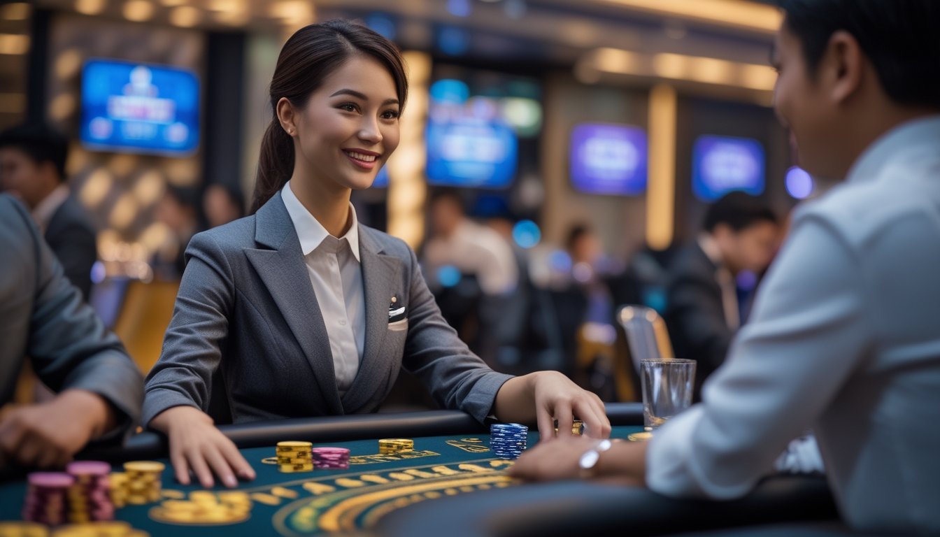 Seorang dealer wanita profesional tersenyum di meja permainan kasino langsung dengan suasana kasino yang hidup di latar belakang.