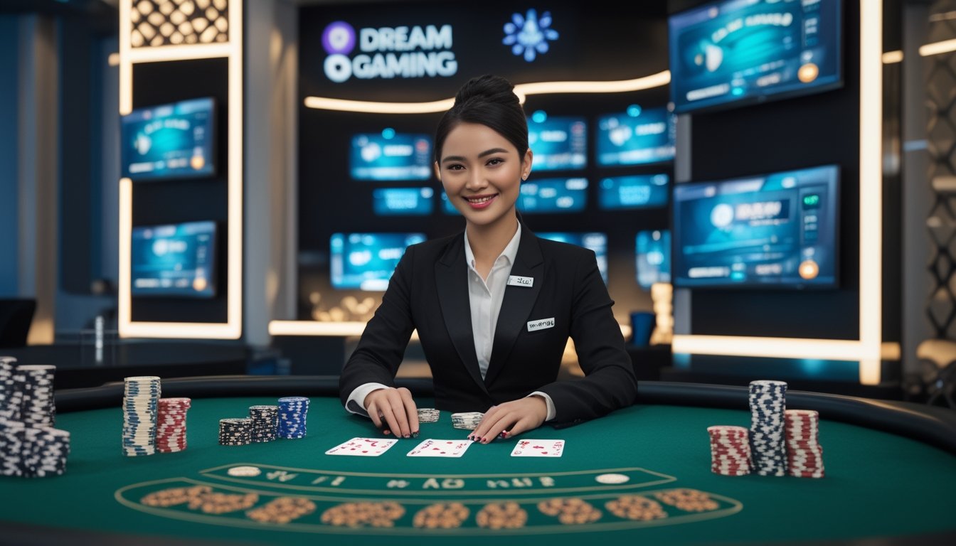Seorang dealer profesional sedang membagikan kartu di meja kasino dengan latar belakang layar permainan langsung dan suasana kasino modern.