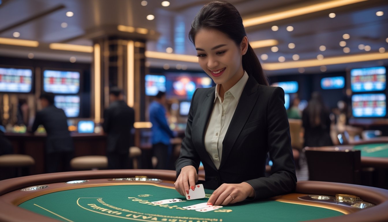 Seorang dealer profesional sedang membagikan kartu di meja kasino langsung dengan pemain yang memperhatikan di latar belakang.