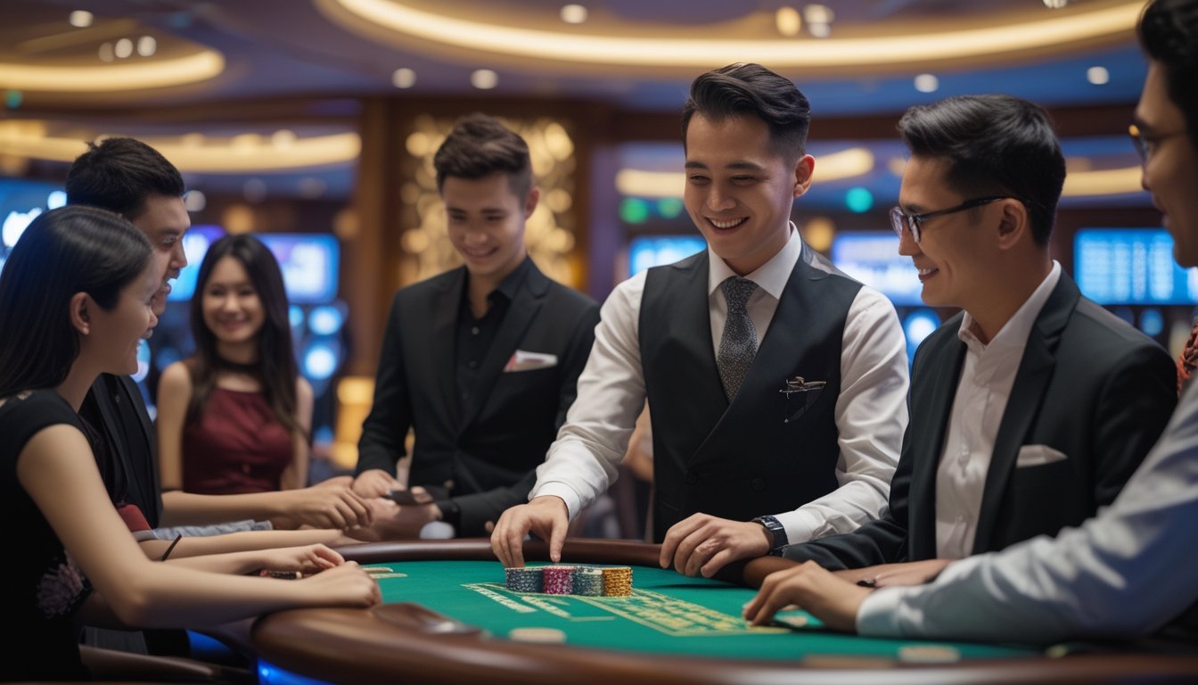 Seorang dealer profesional sedang melayani pemain di meja kasino langsung dengan suasana mewah dan pencahayaan yang hangat.