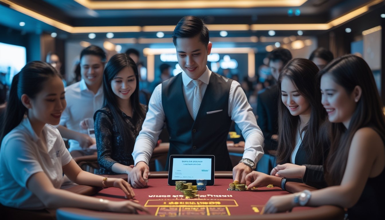 Seorang dealer profesional di meja kasino langsung dengan pemain yang sedang bermain dan perangkat digital untuk verifikasi dan registrasi akun.