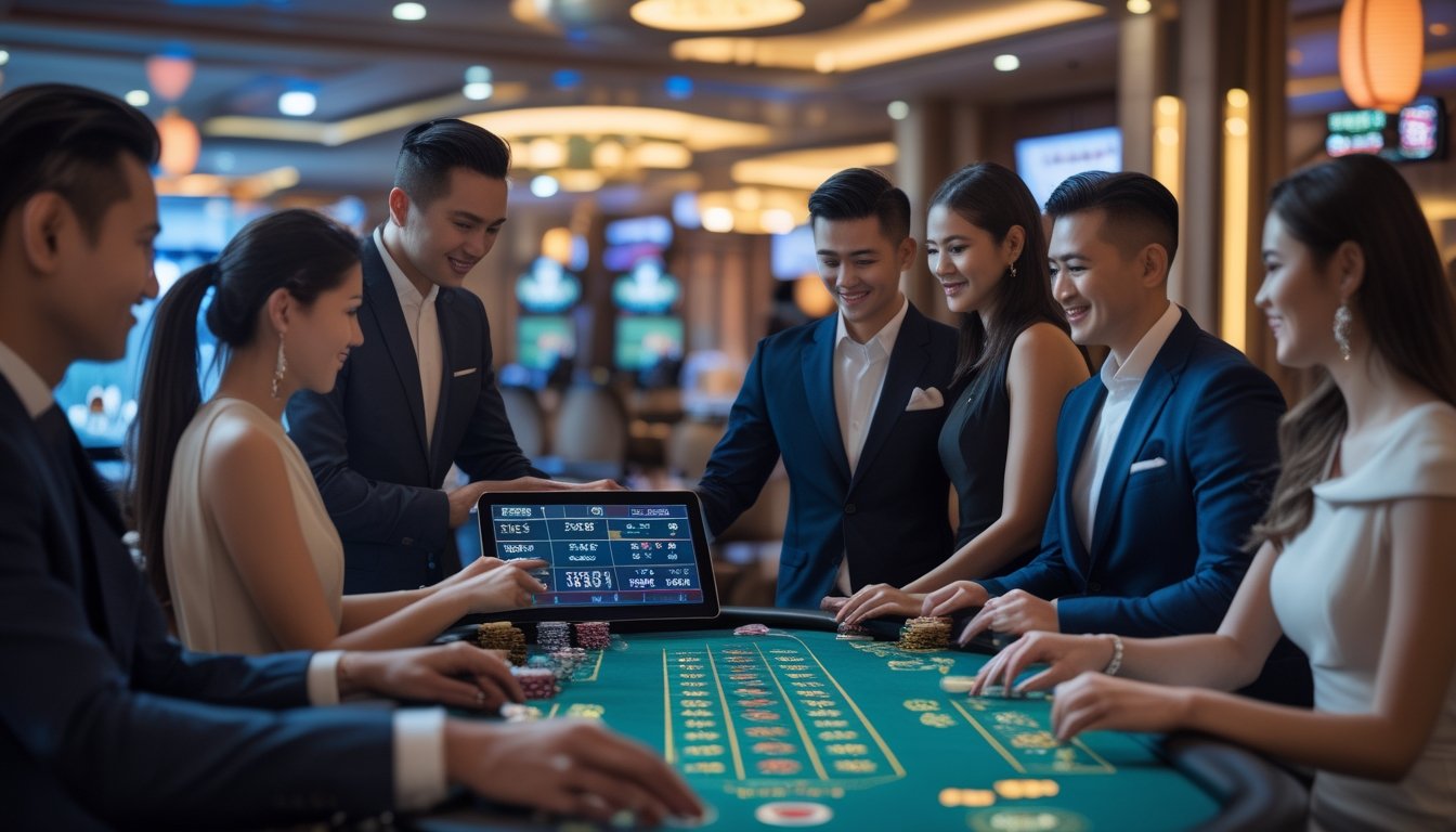 Sekelompok orang bermain di meja kasino langsung dengan suasana kasino modern dan elemen desain Asia.