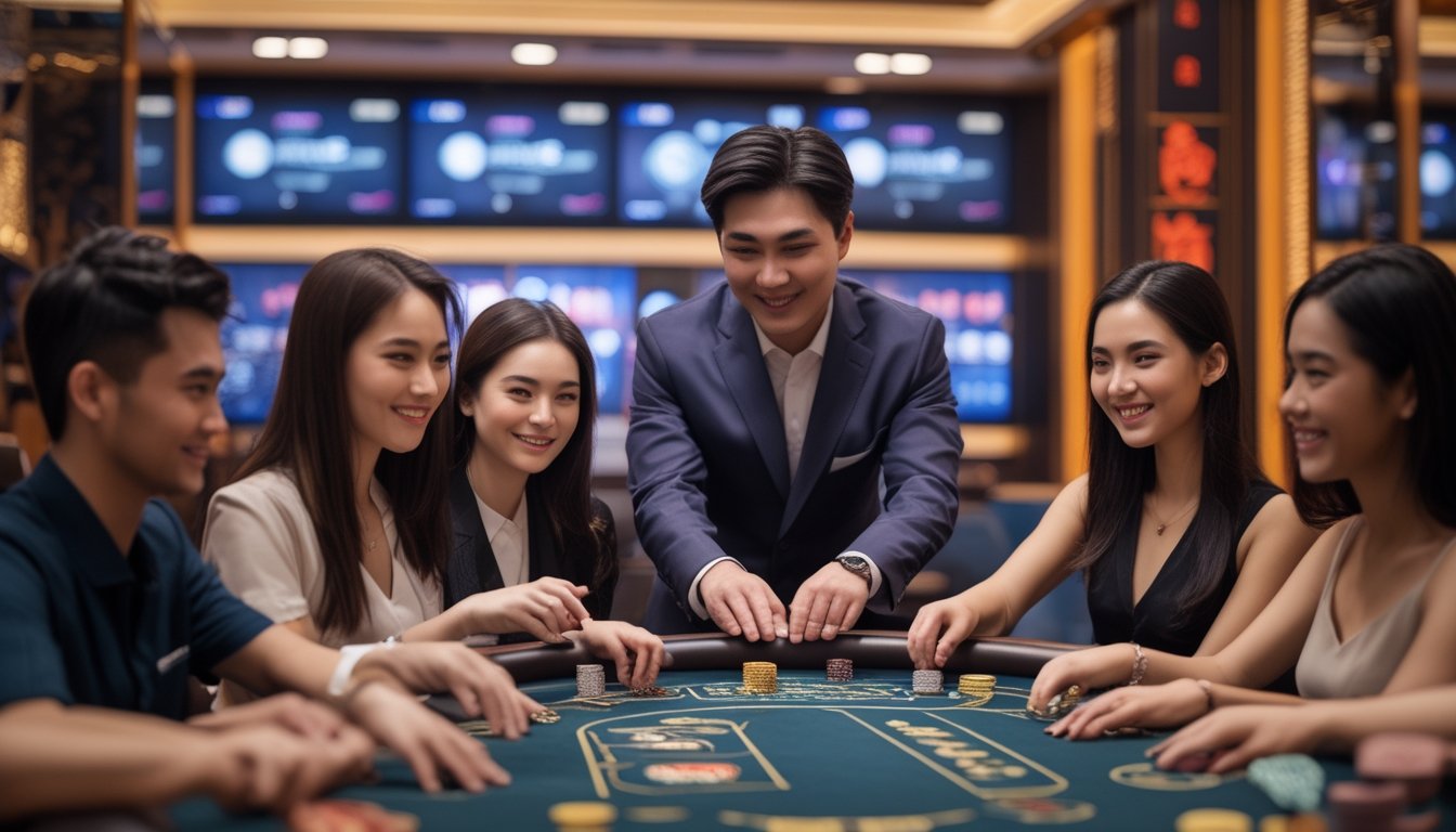 Sejumlah pemain muda Asia sedang bermain di meja kasino langsung dengan dealer profesional di lingkungan kasino yang elegan dan terang.