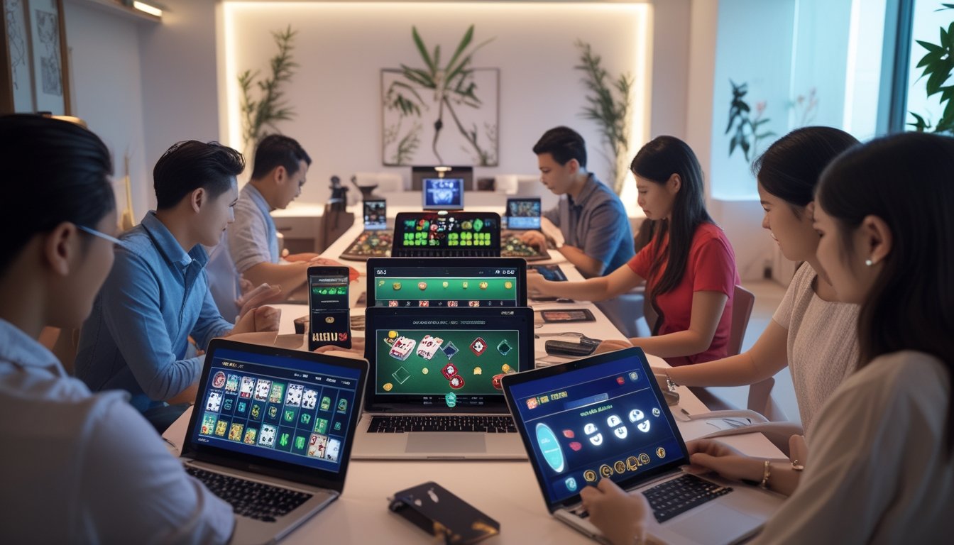 Orang-orang bermain permainan kasino langsung di perangkat digital di ruangan modern dengan dekorasi bergaya Asia.