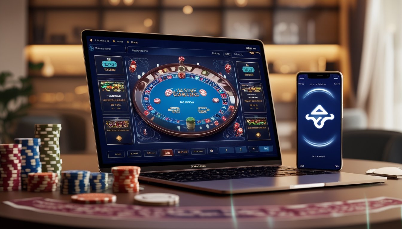 Seorang pengguna sedang mengakses permainan kasino langsung Asia Gaming di komputer dengan aksesori permainan di sekitar ruangan yang terang dan rapi.