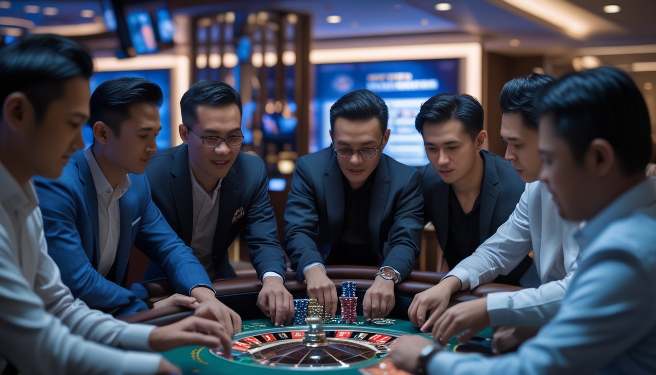 Sejumlah pria fokus bermain di meja kasino langsung dengan peralatan permainan seperti roda roulette dan chip taruhan di dalam ruangan kasino modern.