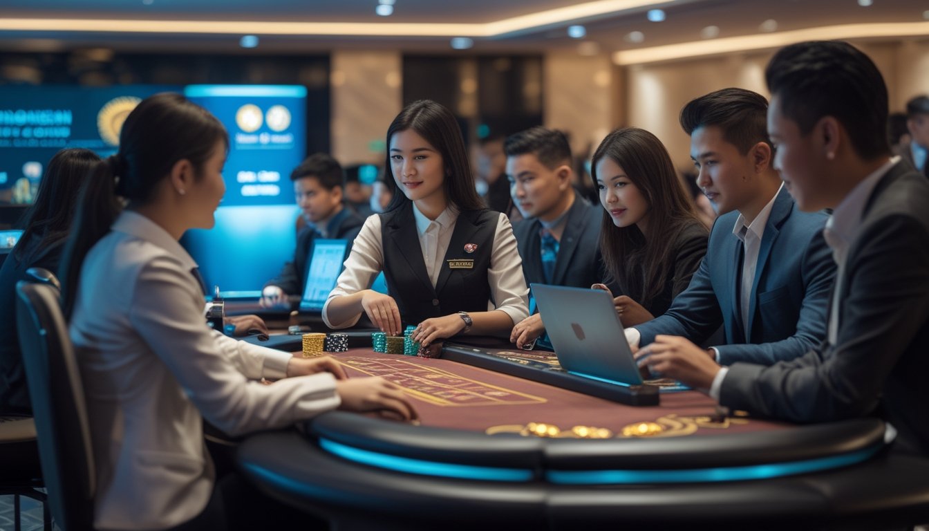 Seorang dealer wanita Asia profesional di meja kasino dengan pemain yang menggunakan perangkat digital untuk bermain kasino langsung secara online.