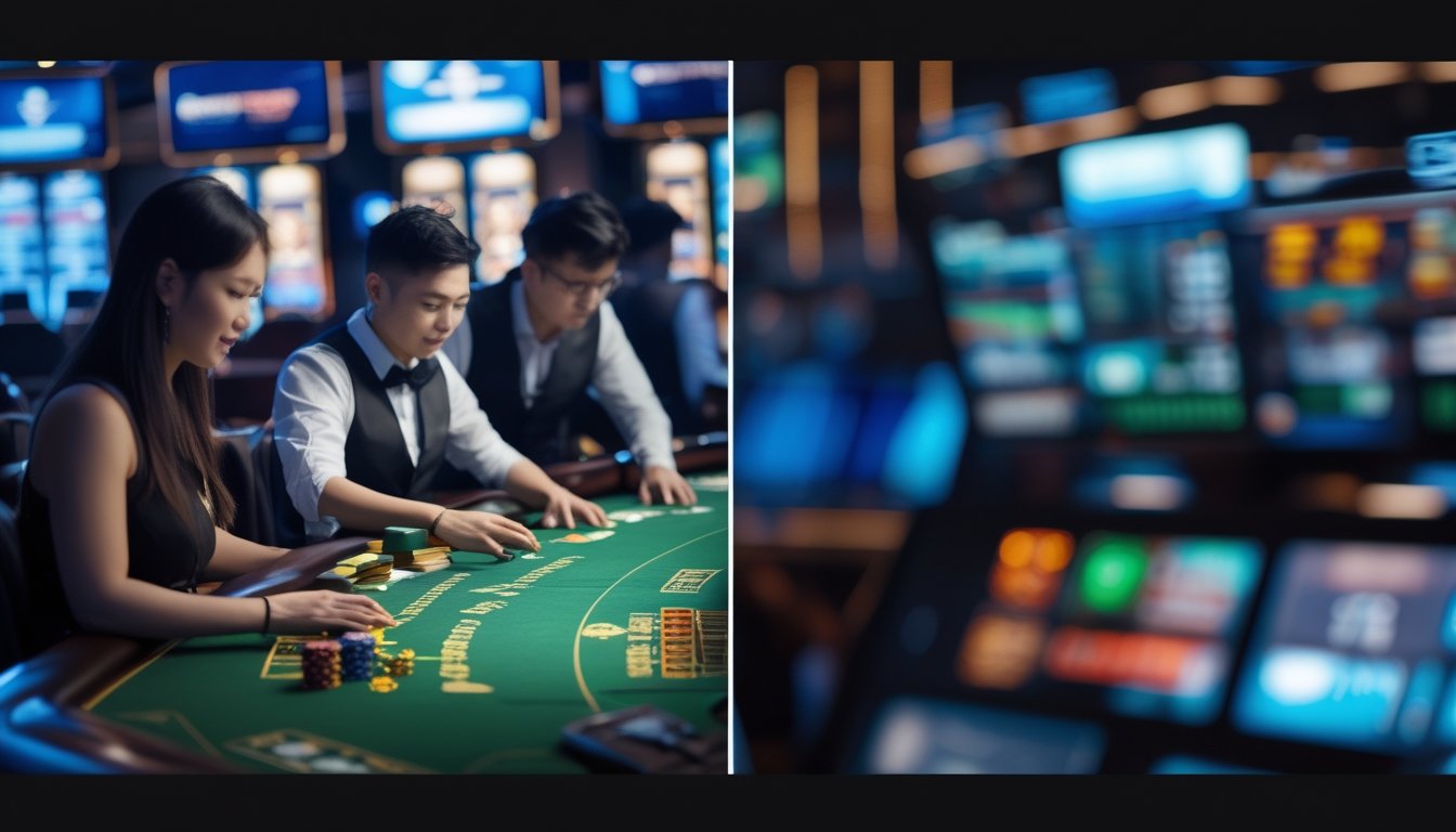 Suasana kasino langsung Asia yang profesional bersebelahan dengan tampilan layar situs kasino yang mencurigakan.