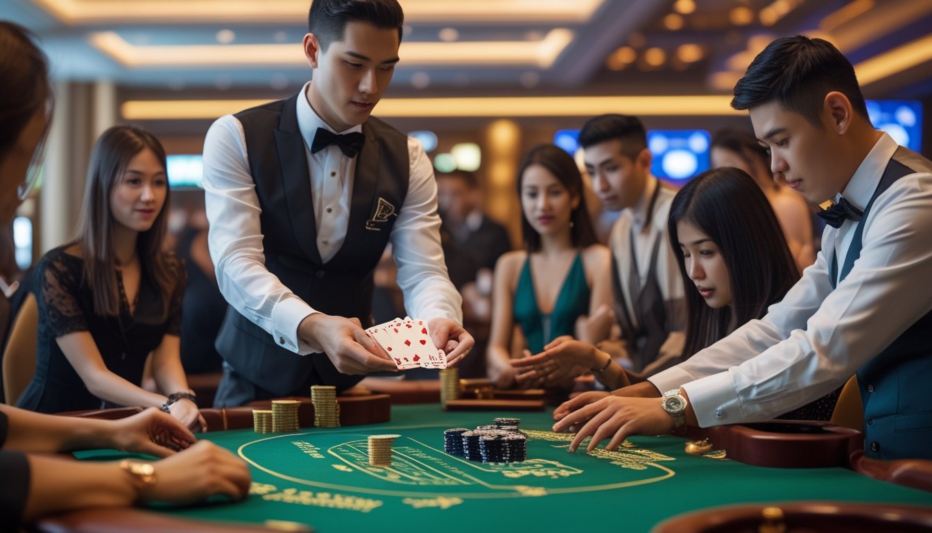 Seorang dealer membagikan kartu di meja baccarat dengan beberapa pemain yang fokus dan suasana kasino mewah di latar belakang.